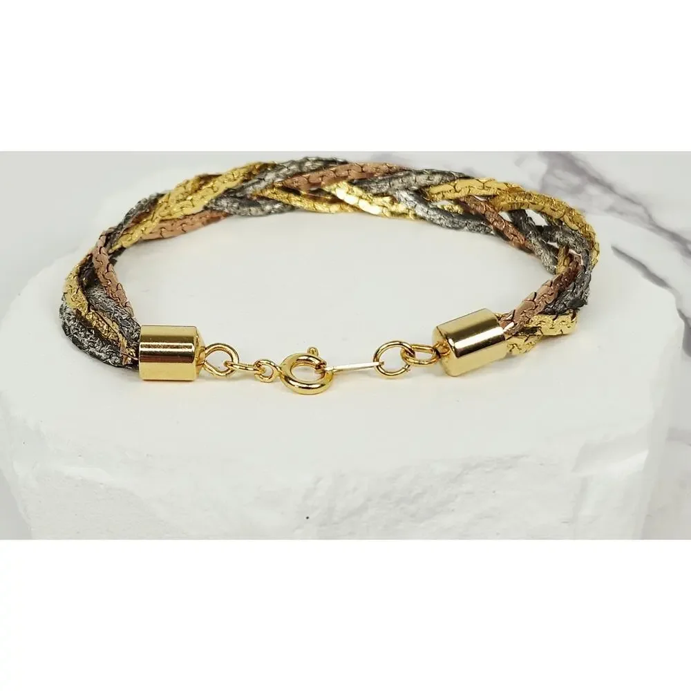 Vintage Tri-Color Braided Herringbone Chain Bracelet Gold Silver Rose 7.5
